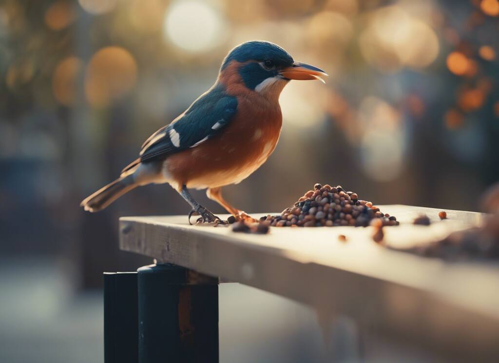 A small bird eating bird seed.