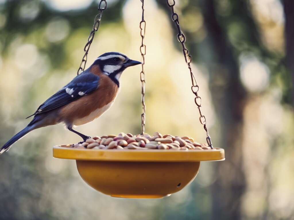 A bird eating peanuts from a hanging bowl.