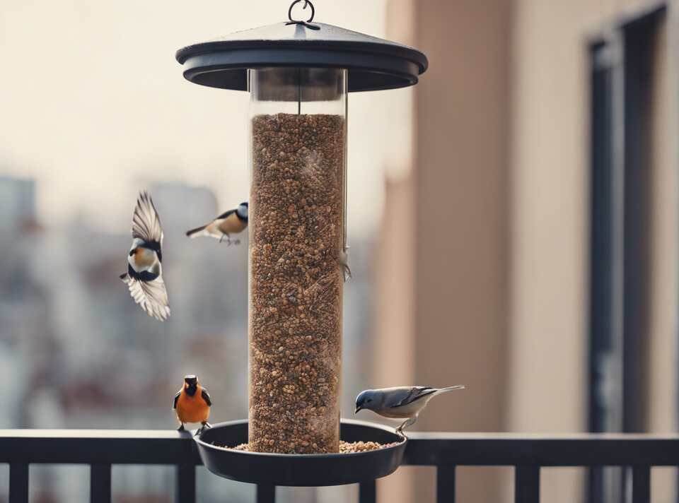 A bird feeder hangs from an apartment balcony, attracting birds perched and feeding.