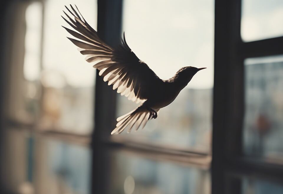 A bird flying into a window.