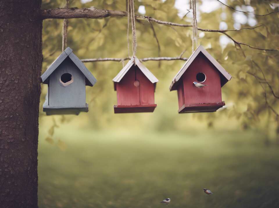 Three bird houses suspended from a tree.