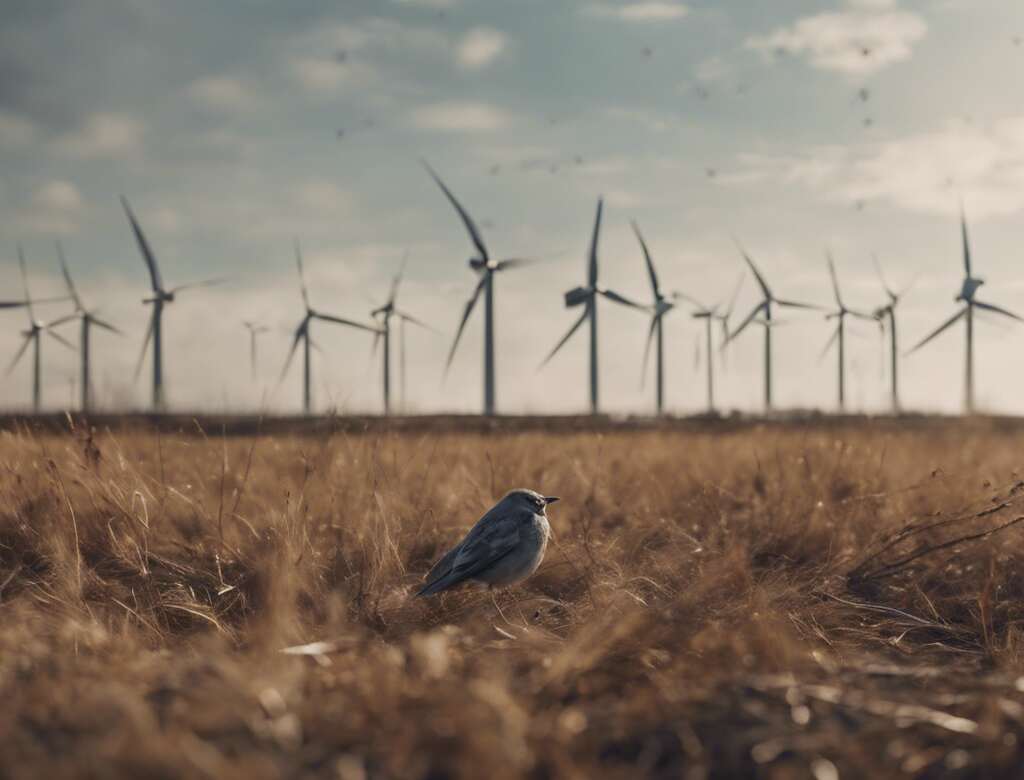 A bird foraging near wind turbines.
