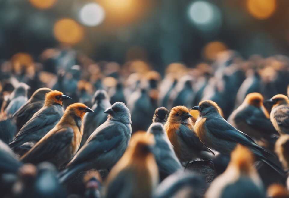 A large gathering of birds congregating together.