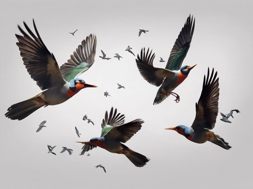 A group of birds flying around.