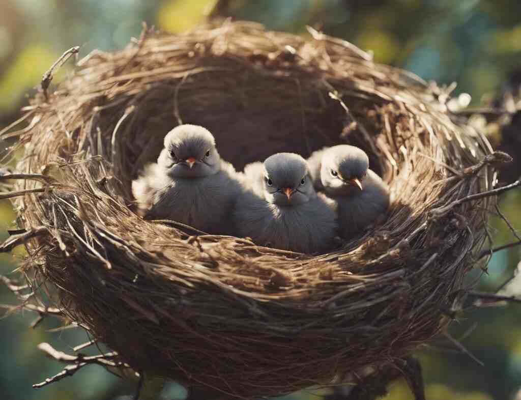 Three baby birds in a nest waiting for their parents.