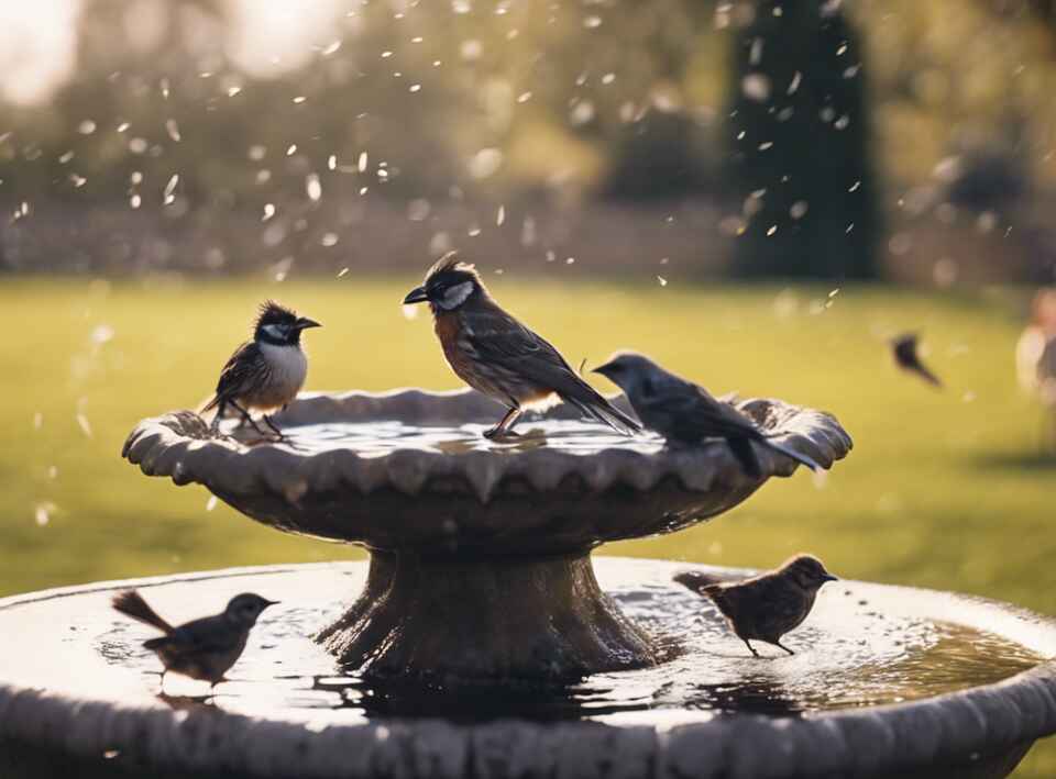 A group of birds having fun in a bird bath.