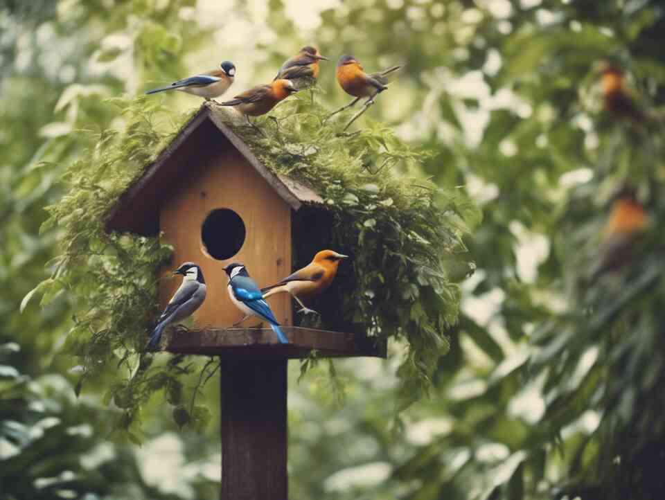 A group of birds roosting in dense foliage or a birdhouse for shelter.