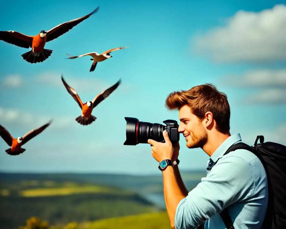 A birdwatcher taking pictures of birds with his camera.