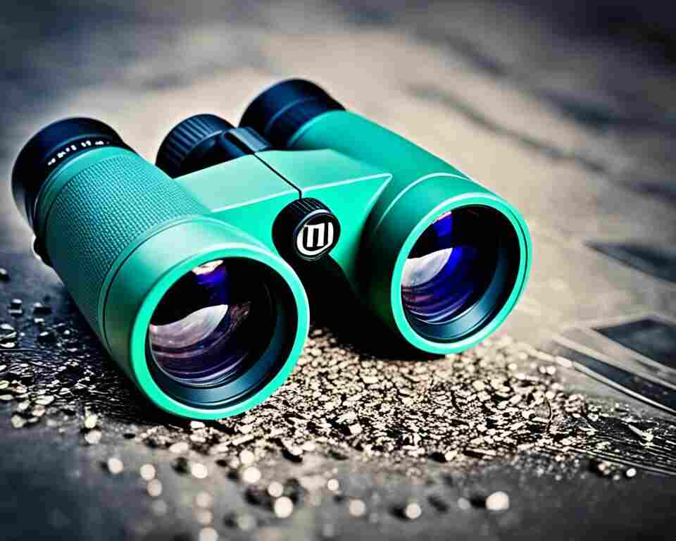 A pair of blue colored binoculars laying on a bed of rocks.