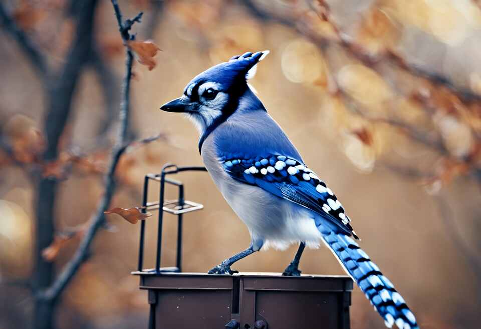 A Blue Jay perched on the roof of a bird feeder.