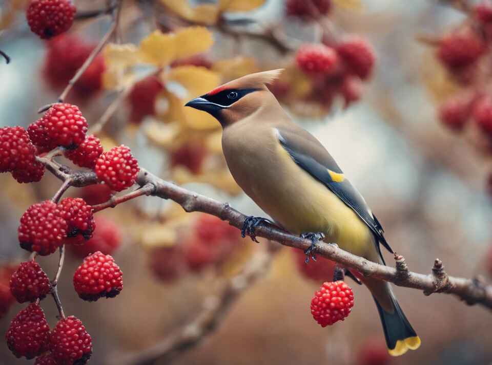 A Cedar Waxwing eating mulberries from a Mulberry tree.