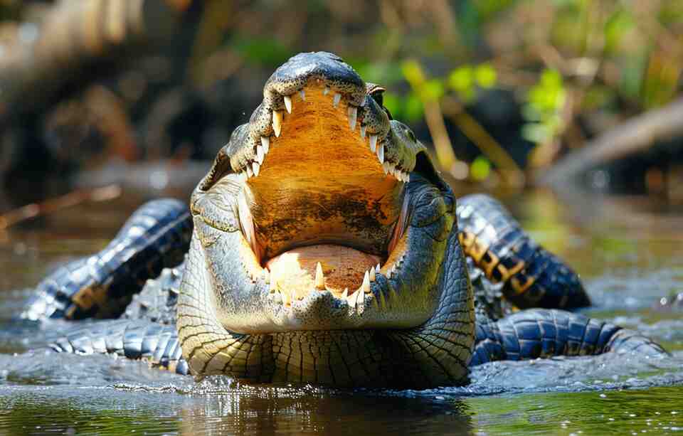 A crocodile showing its teeth.