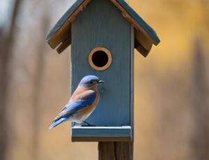 An Eastern Bluebird perched on a bird house.