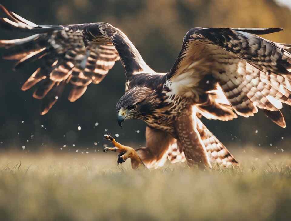 A hawk attacking prey in a field.