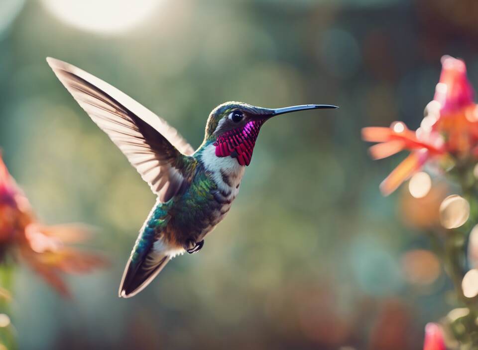 A hummingbird approaching a flower.