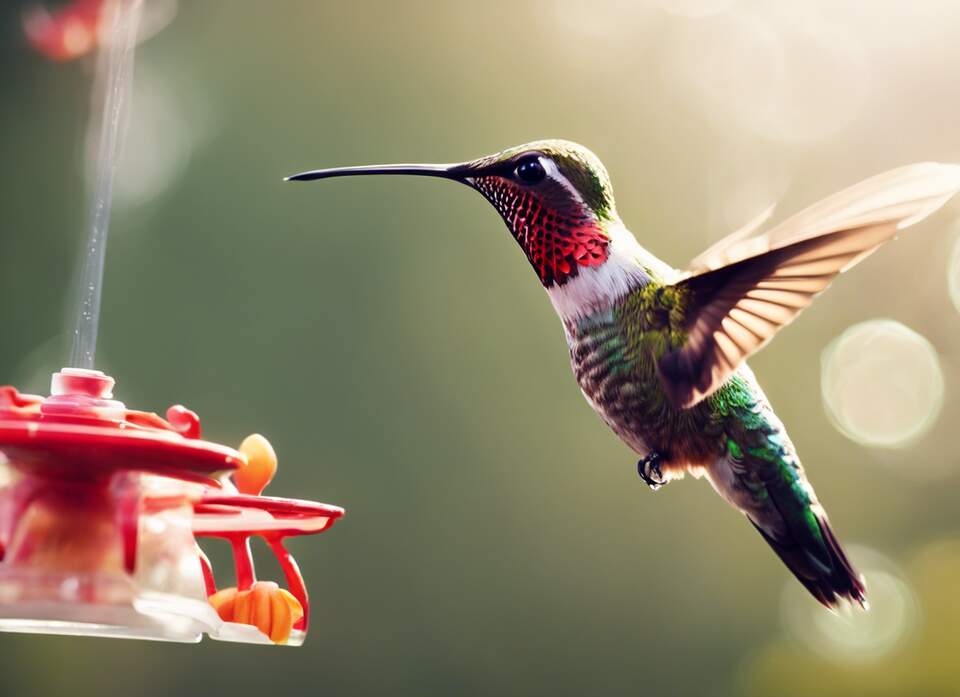 A hummingbird sucking nectar from a feeder.