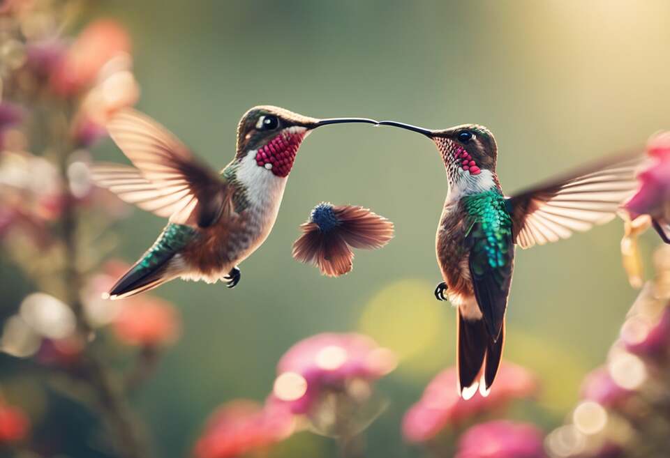 A pair of hummingbirds performing courtship rituals.