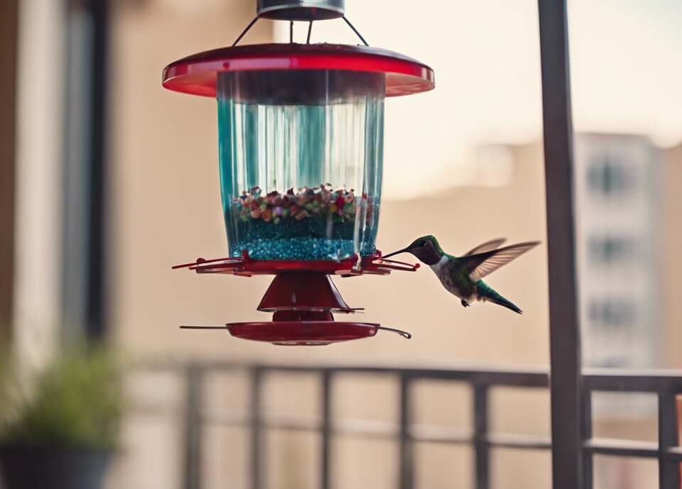 A hummingbird hovers at a balcony feeder, sipping nectar from the feeding ports.