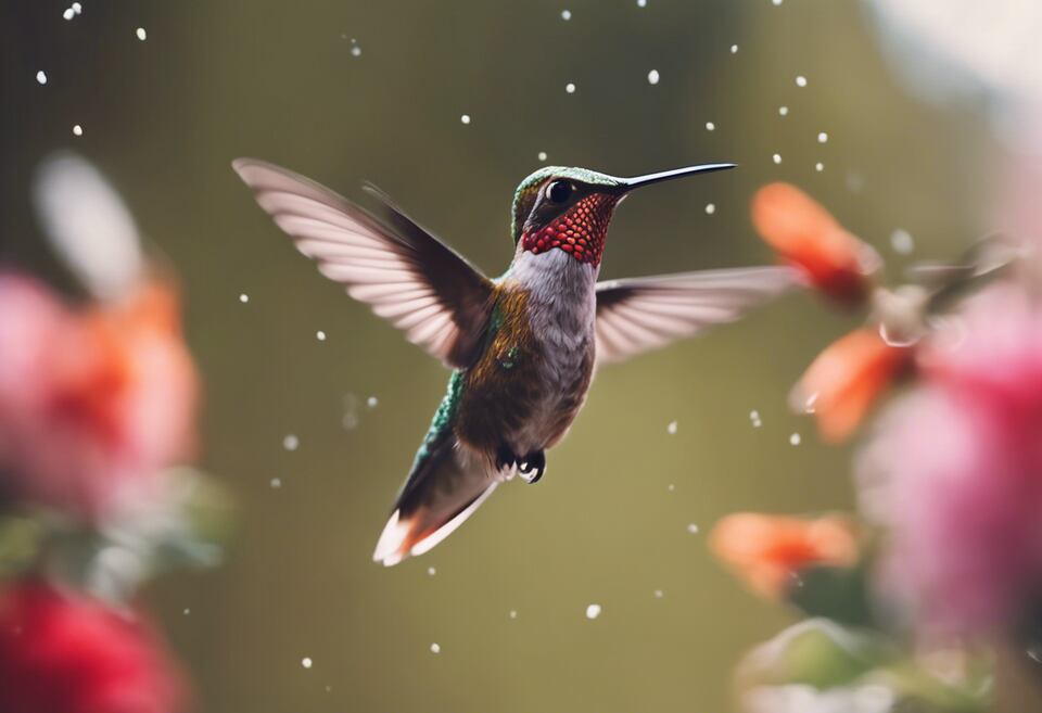 A hummingbird flying around, searching for nectar.