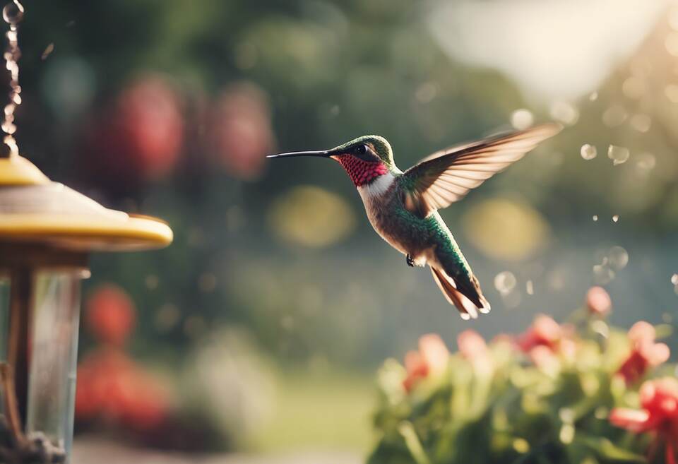 A hummingbird near a feeder.