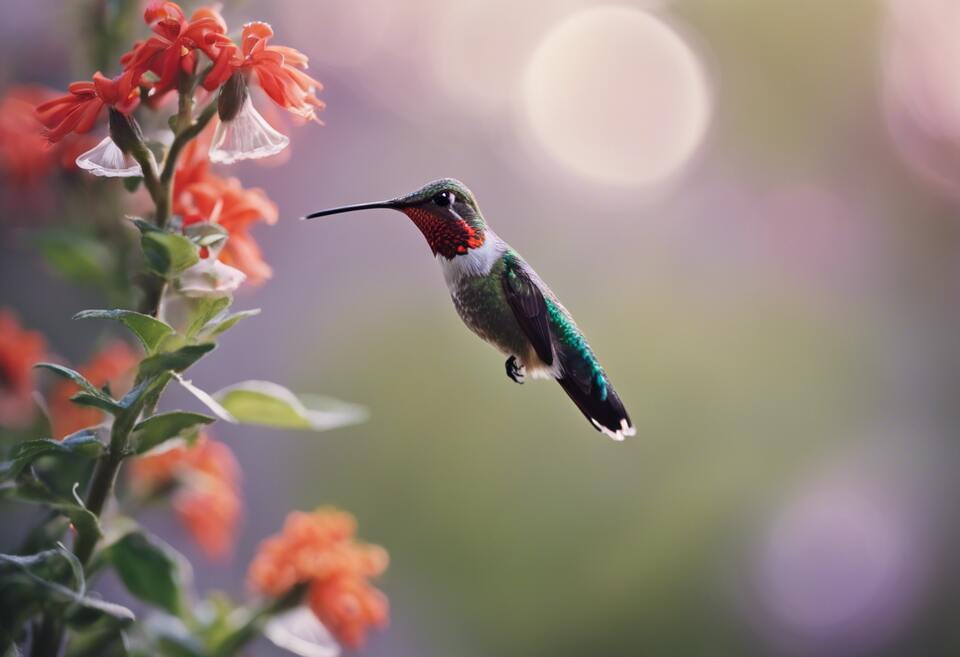 A hummingbird approaching a flower.