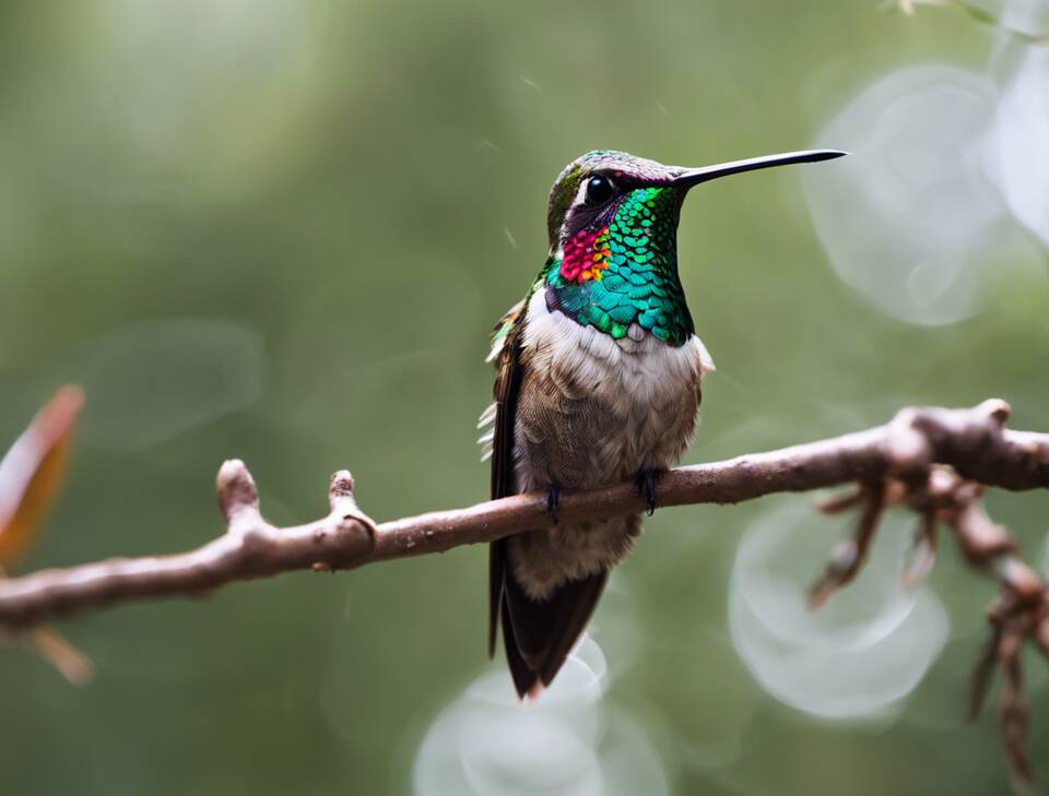A hummingbird perched on a tree.
