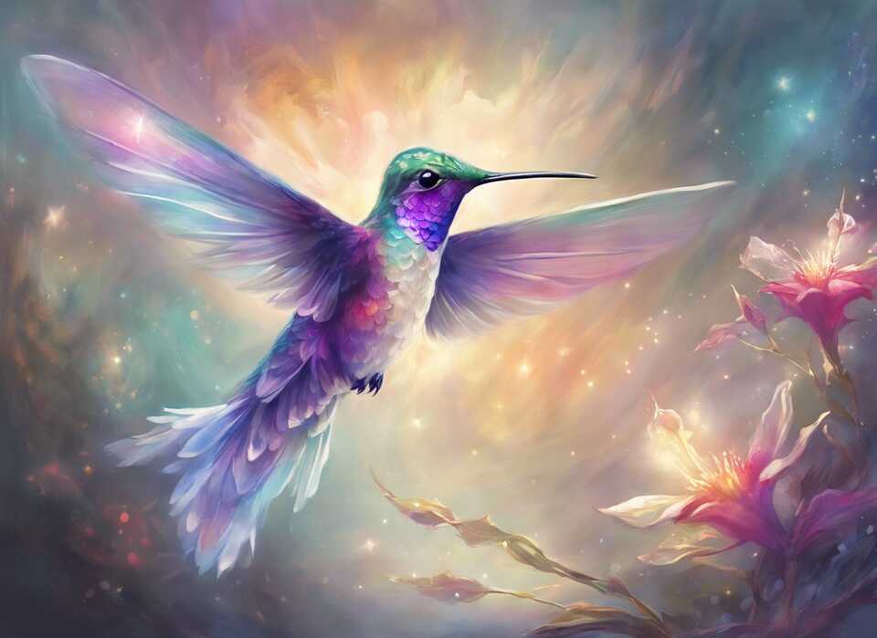 A hummingbird hovering near vibrant flowers, symbolizing spiritual significance and life's delicate balance.