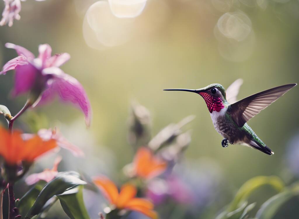 A hummingbird flying towards a flower to feed on nectar.