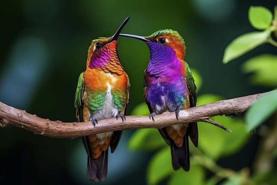 A pair of hummingbirds with iridescence feathers perched on a tree branch.