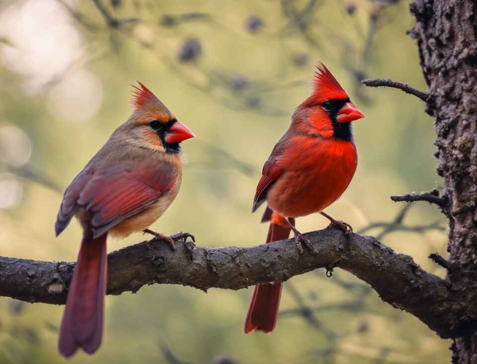 A male and female cardinal side-by-side in a tree.