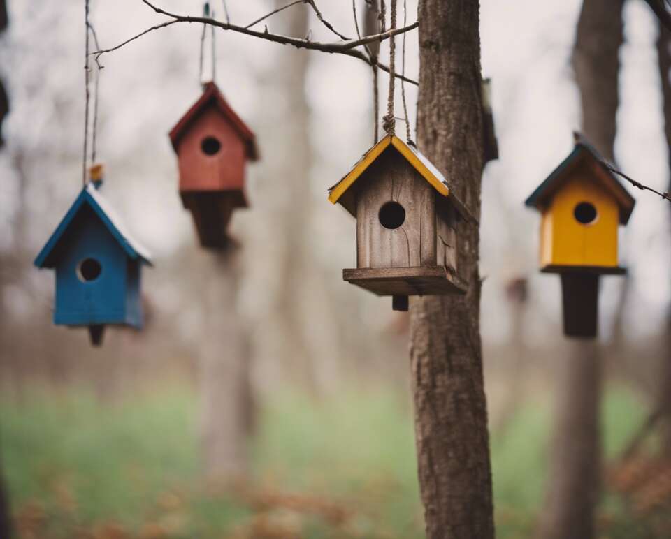 Vibrant array of birdhouses suspended from tree branches.