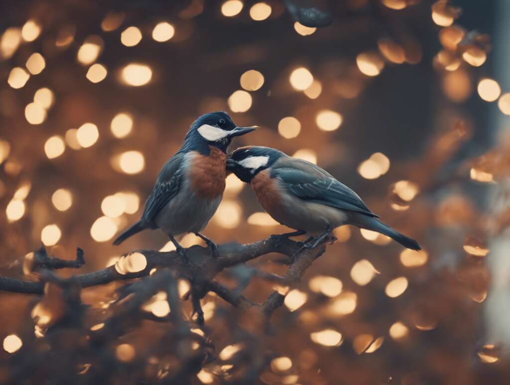 A pair of birds rubbing beaks together or kissing.