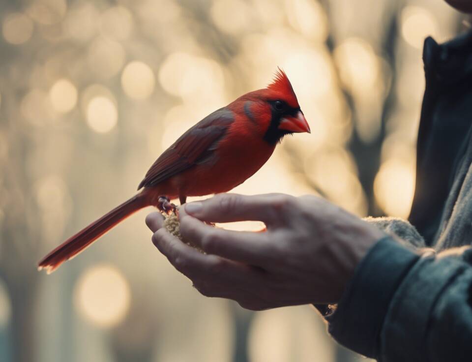 A person hand feeding a Northern Cardinal.