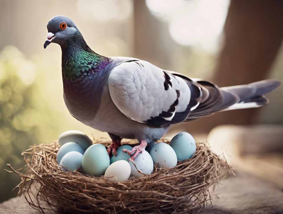 A pigeon with eggs in its nest.