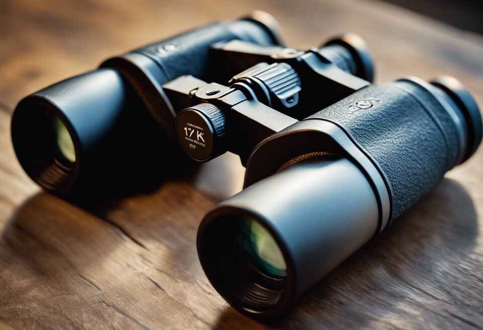 A pair of pocket binoculars on a table.