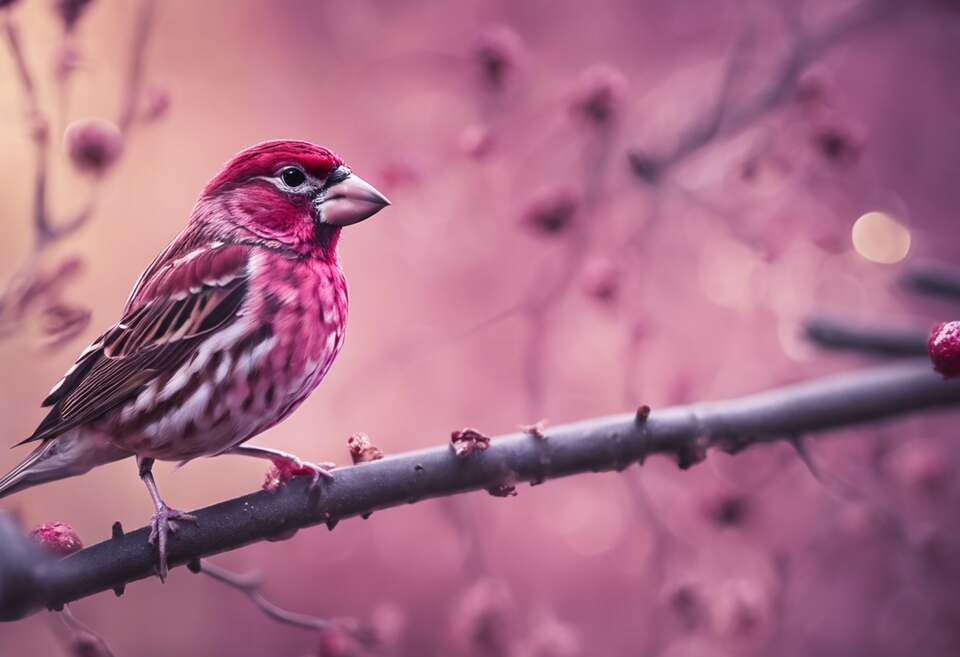 A Purple Finch perched on a tree branch.