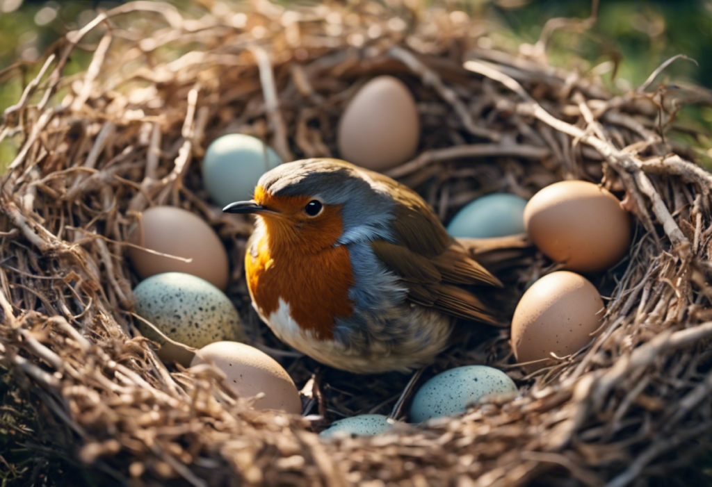 A European Robin with unhatched eggs in its nest.