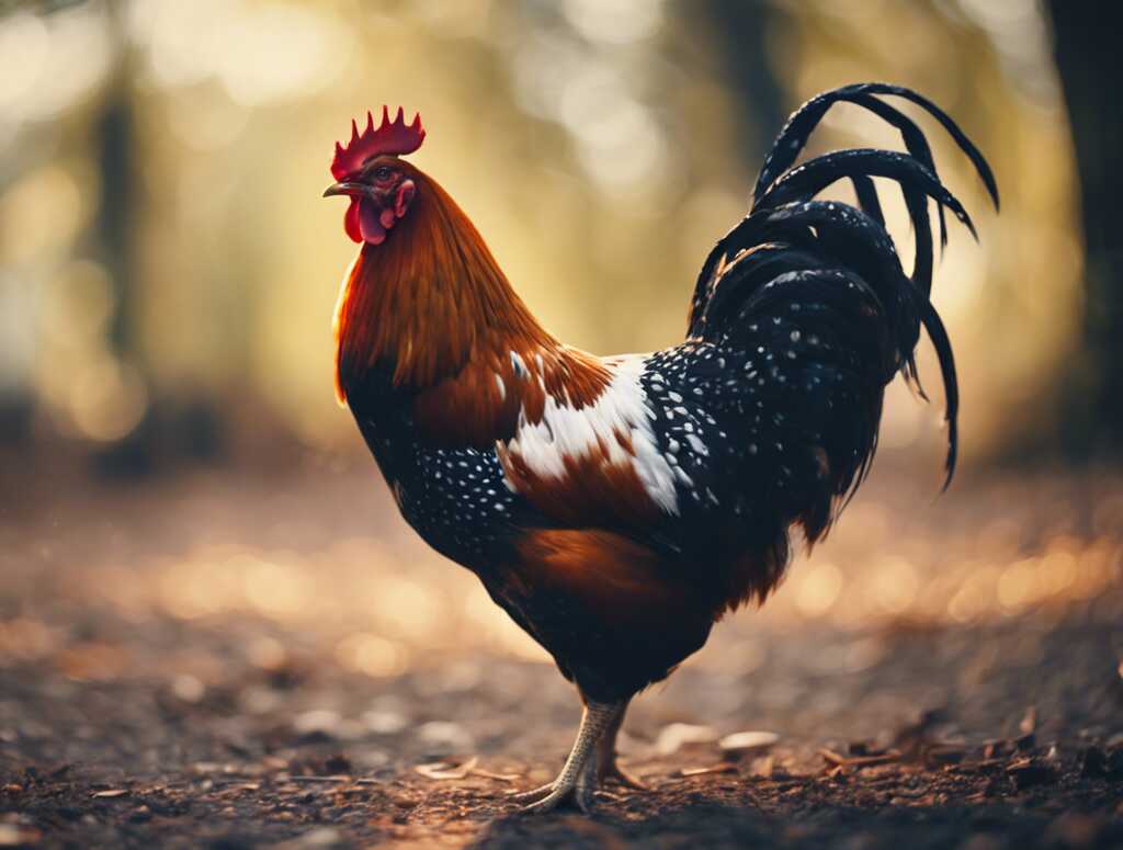 A rooster starting to crow at dawn, with its beak open and feathers ruffled.