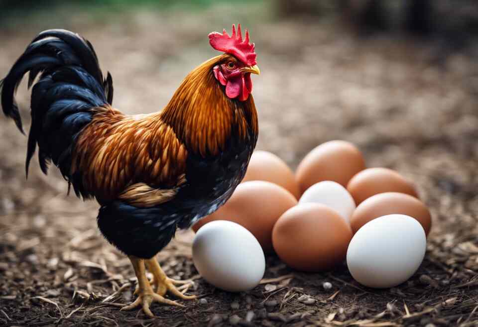 A rooster standing near eggs on the ground.
