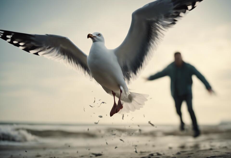 A seagull attacking a person on the beach.