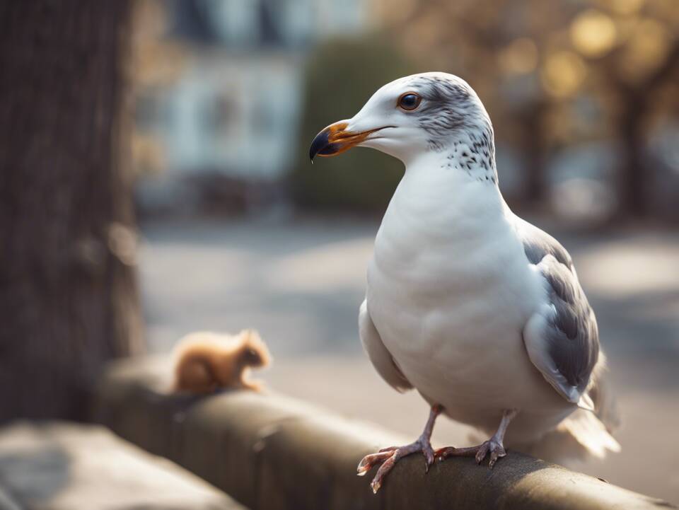 A seagull staring at a squirrel.