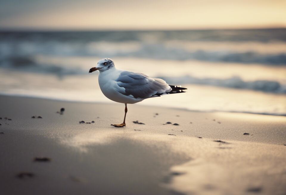A seagull walking along the beach.
