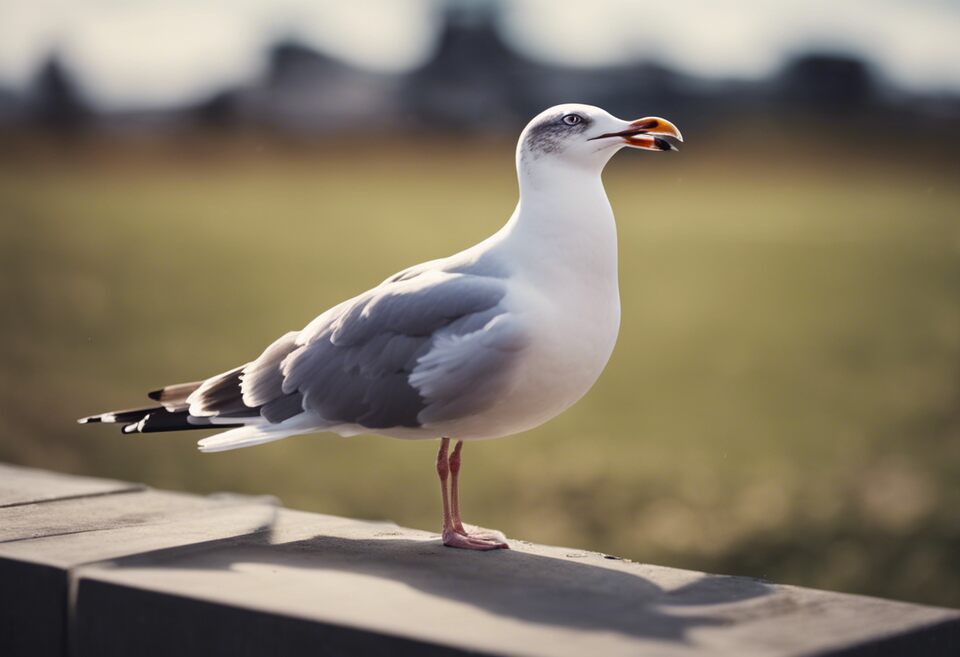 A seagull with its beak open