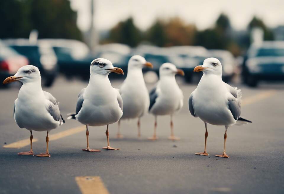A group of seagulls scavenging in a parking lot.