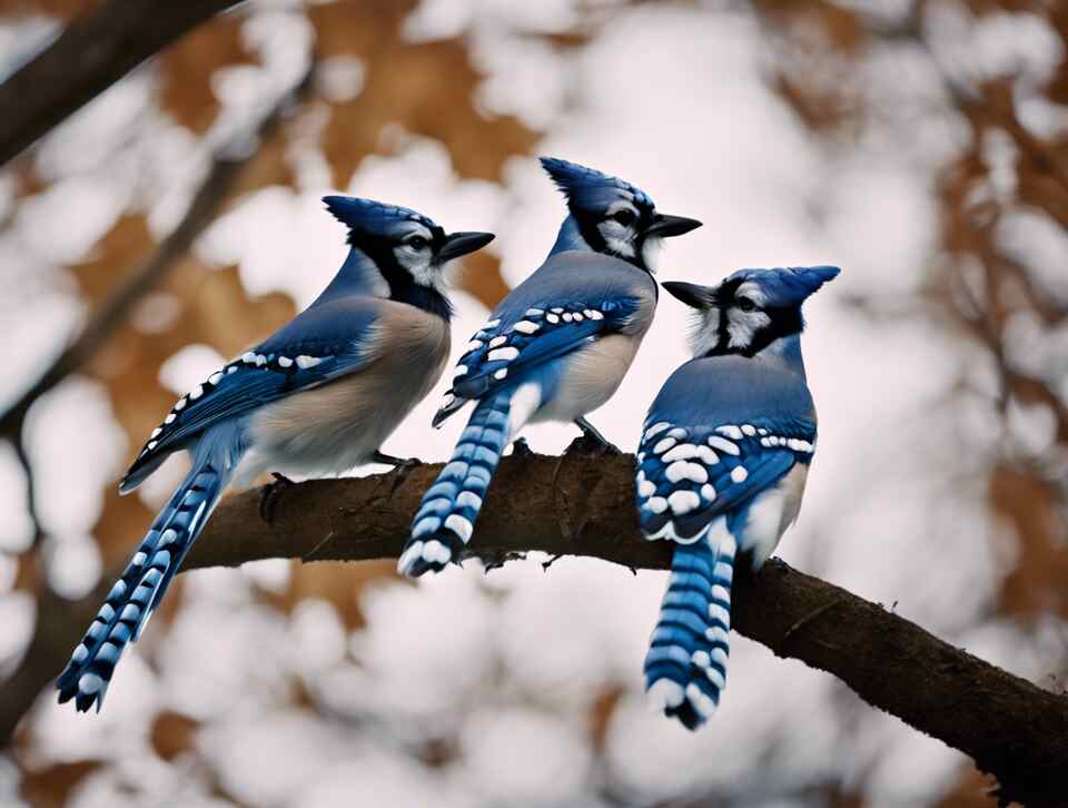 Three Blue Jays side by side in a tree.