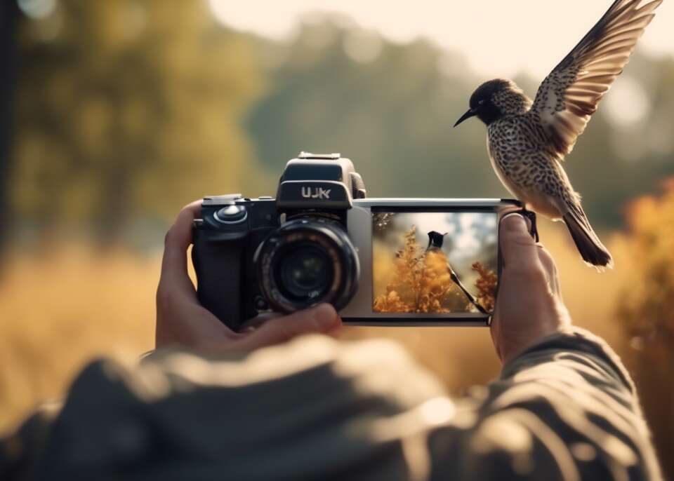 A birder with a camera taking photos of birds in flight.