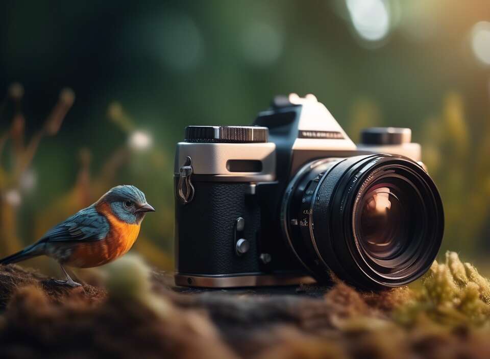 A bird perched next to a camera, displaying its colorful plumage and curious demeanor.