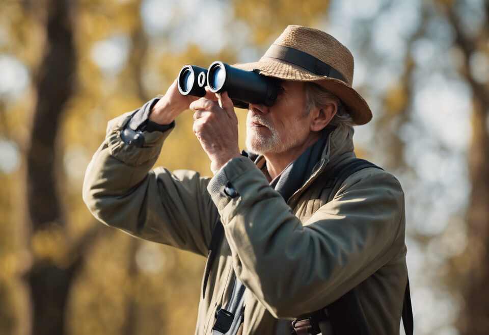 A birder using binoculars to watch birds.