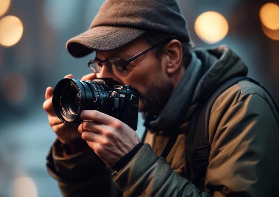 A birder with a camera too his face.