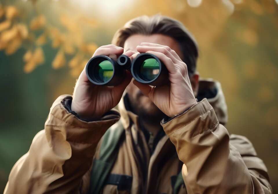 A birder using auto focus binoculars out in the field.